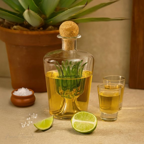 Agave Tequila Decanter - 850ml Handmade Bottle with Natural Cork Stopper and Wide Spout for Smooth Pouring - Inspired by Agave Plant for Tequila Serving (TQ5301)