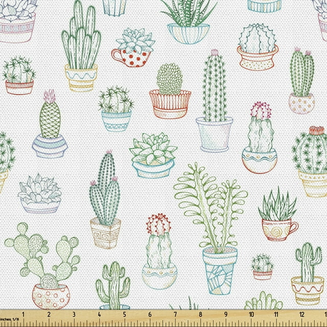 Ambesonne Agave Fabric by the Yard Upholstery, Cactus Tropical Plants Pots, 10 Yards, White and Multicolor