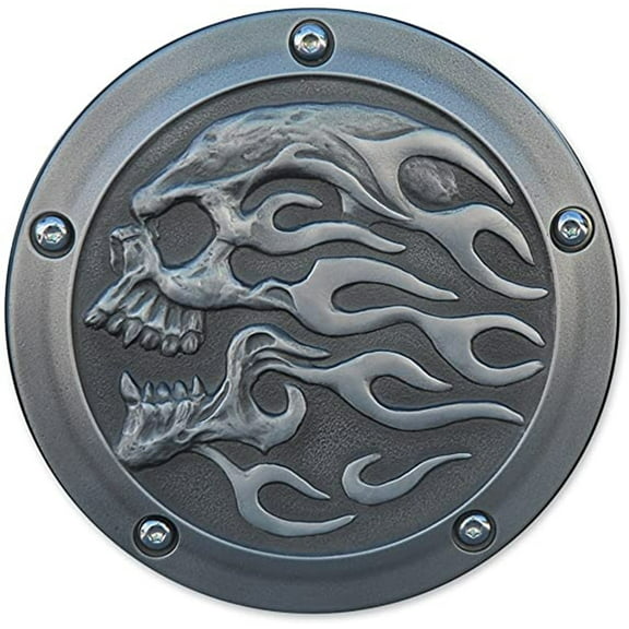 Aged Aluminum Flaming Skull Derby Cover, Fits: 1999 - 2015 Twin Cam Harley-Davidson Motorcycles