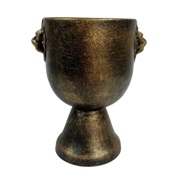 Aged Bronze Bowl Pot for Windowsill and Shelf Flower Display, Decorative Lions Head Flower Pot , Rounded Body, Flared Base, Dark Bronze Color