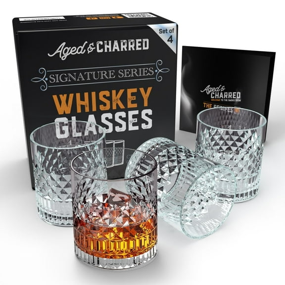 Aged & Charred Premium Crystalline Whiskey Glasses Set of 4 - Sophisticated Design for Scotch, Bourbon & Whisky Enthusiasts - Elegant Gift Box