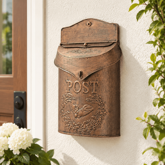 Aged Copper Wall Mount Decorative Metal Mailbox with Scroll and Bird Design