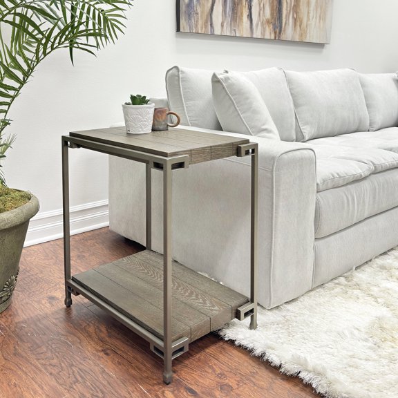 Aged Graphite Living Room Table With Metal Support And Wood Platform - Elegant Choice Contemporary Chairside Support, Delight