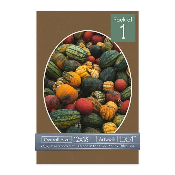 Aged Oak Brown Picture Frame Mat for 12x18 Frames - Oval Opening for 11x14 Photos - 1 Mat
