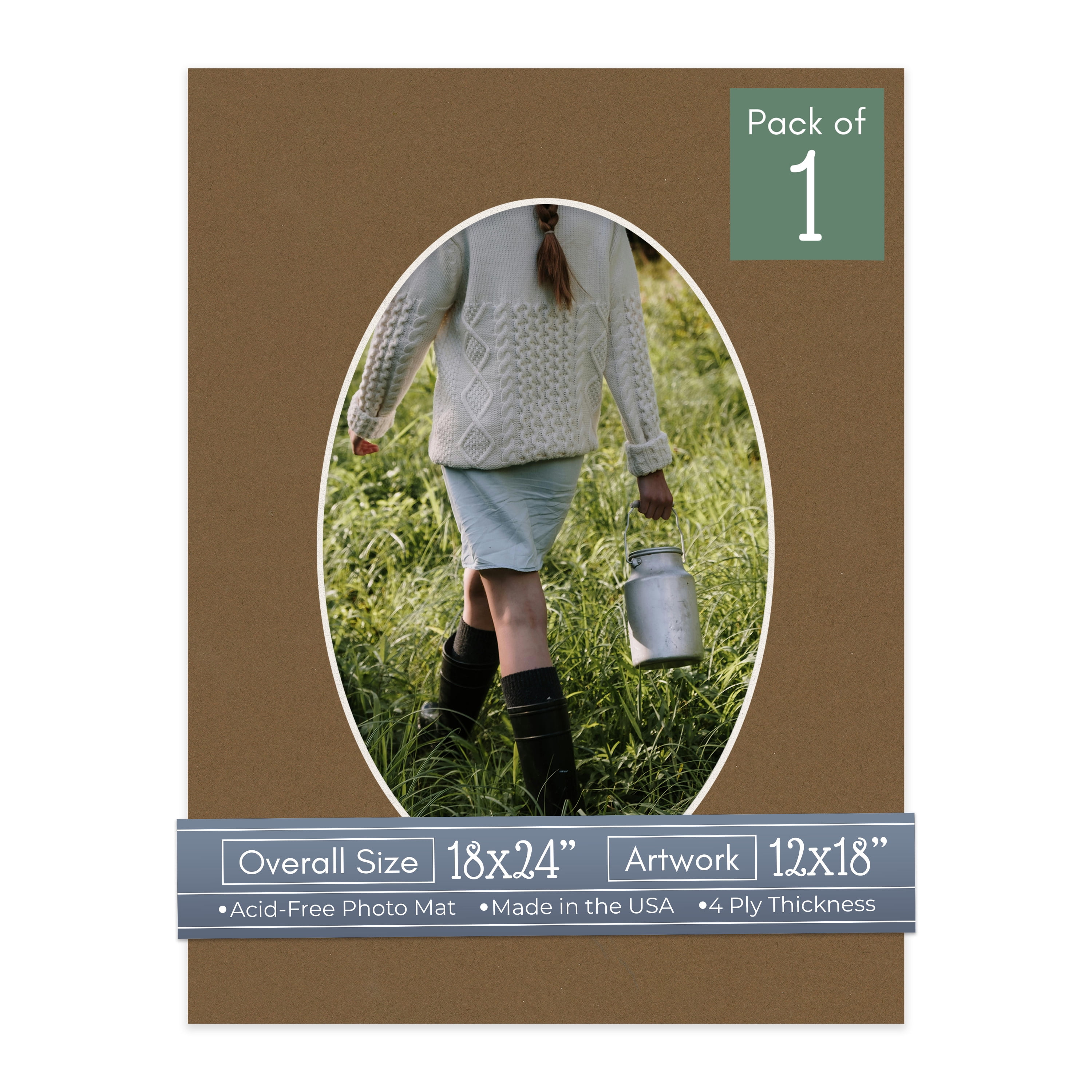 Aged Oak Brown Picture Frame Mat for 18x24 Frames - Oval Opening for 12x18 Photos - 1 Mat