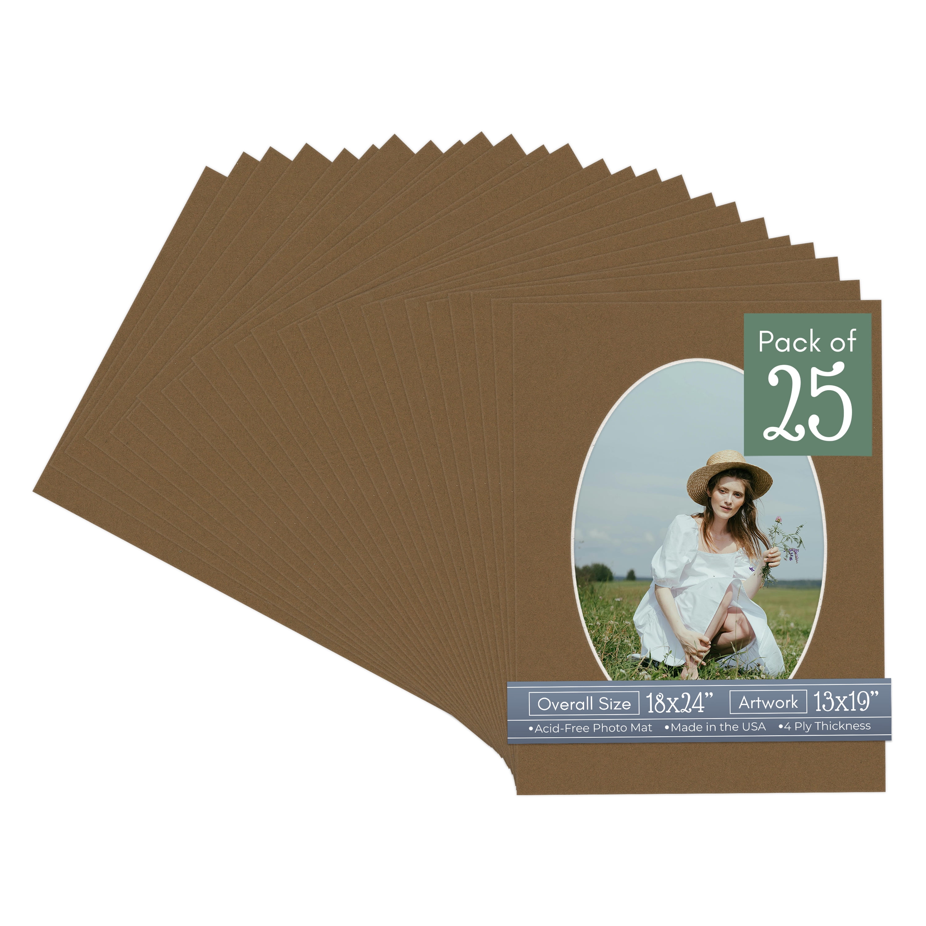Aged Oak Brown Picture Frame Mat for 18x24 Frames - Oval Opening for 13x19 Photos - 25 Mats