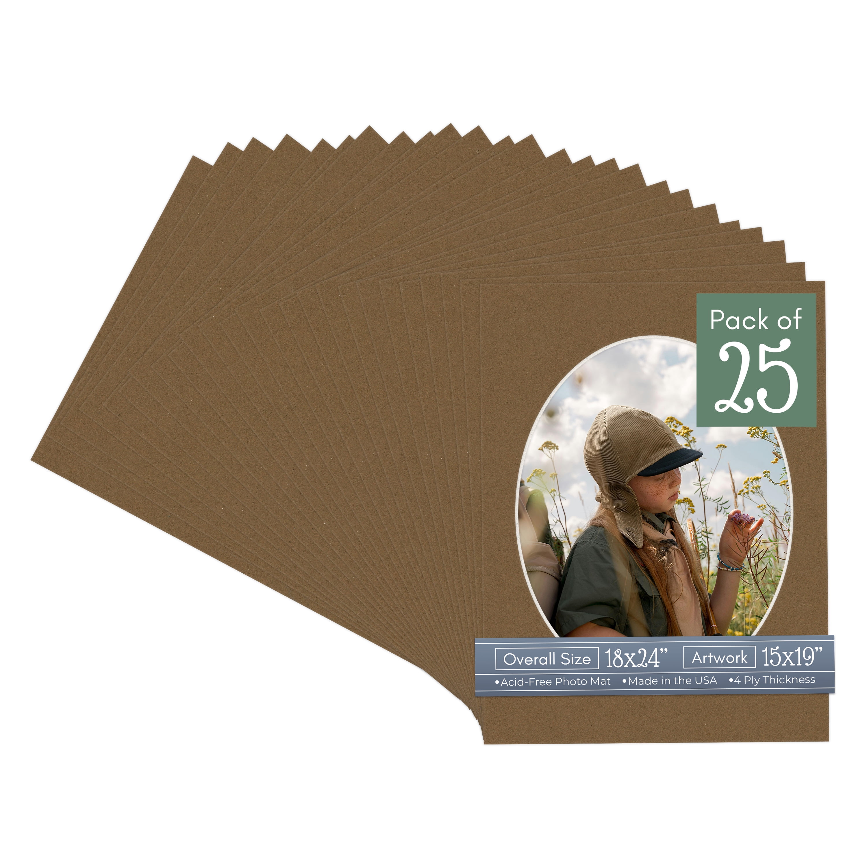 Aged Oak Brown Picture Frame Mat for 18x24 Frames - Oval Opening for 15x19 Photos - 25 Mats