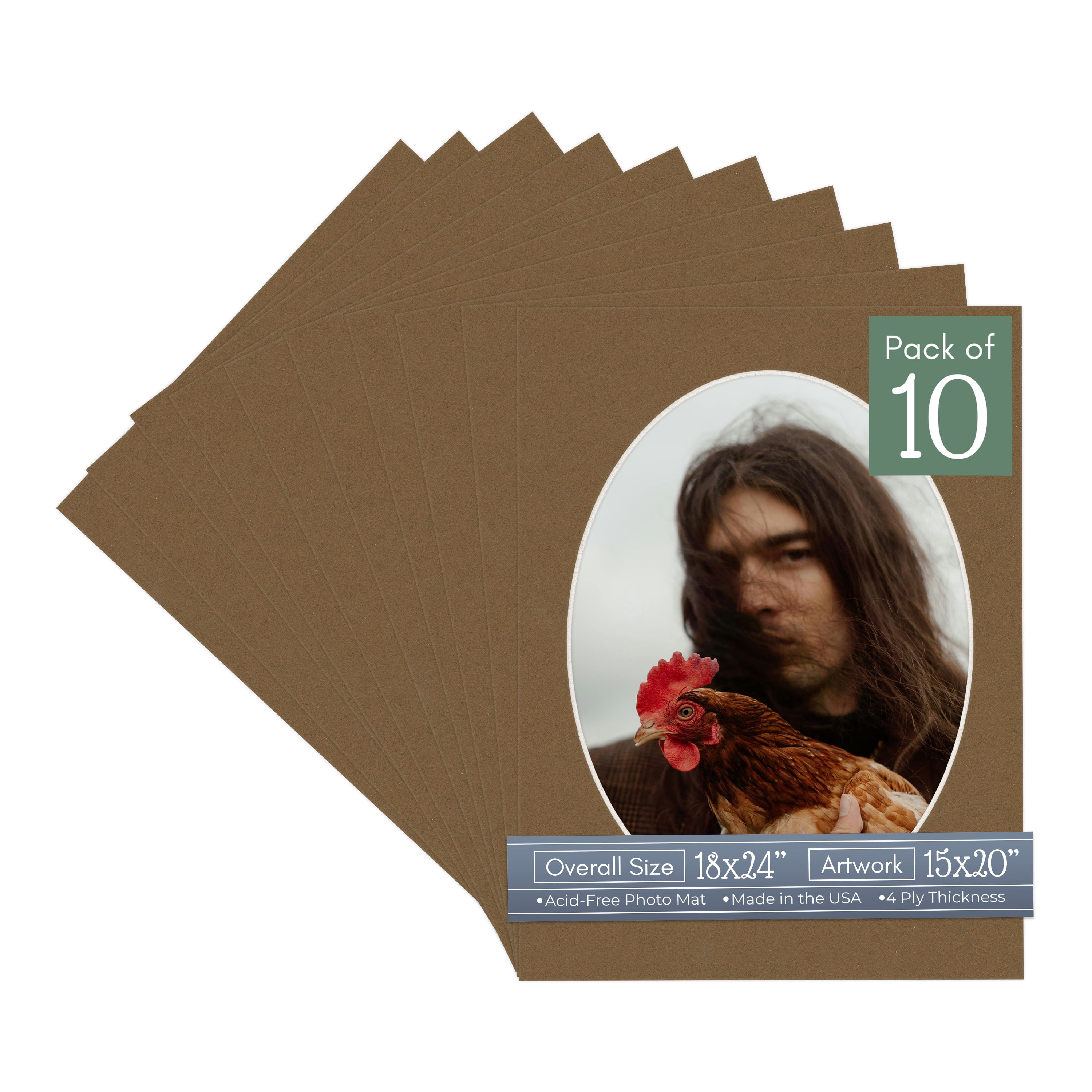 Aged Oak Brown Picture Frame Mat for 18x24 Frames - Oval Opening for 15x20 Photos - 10 Mats
