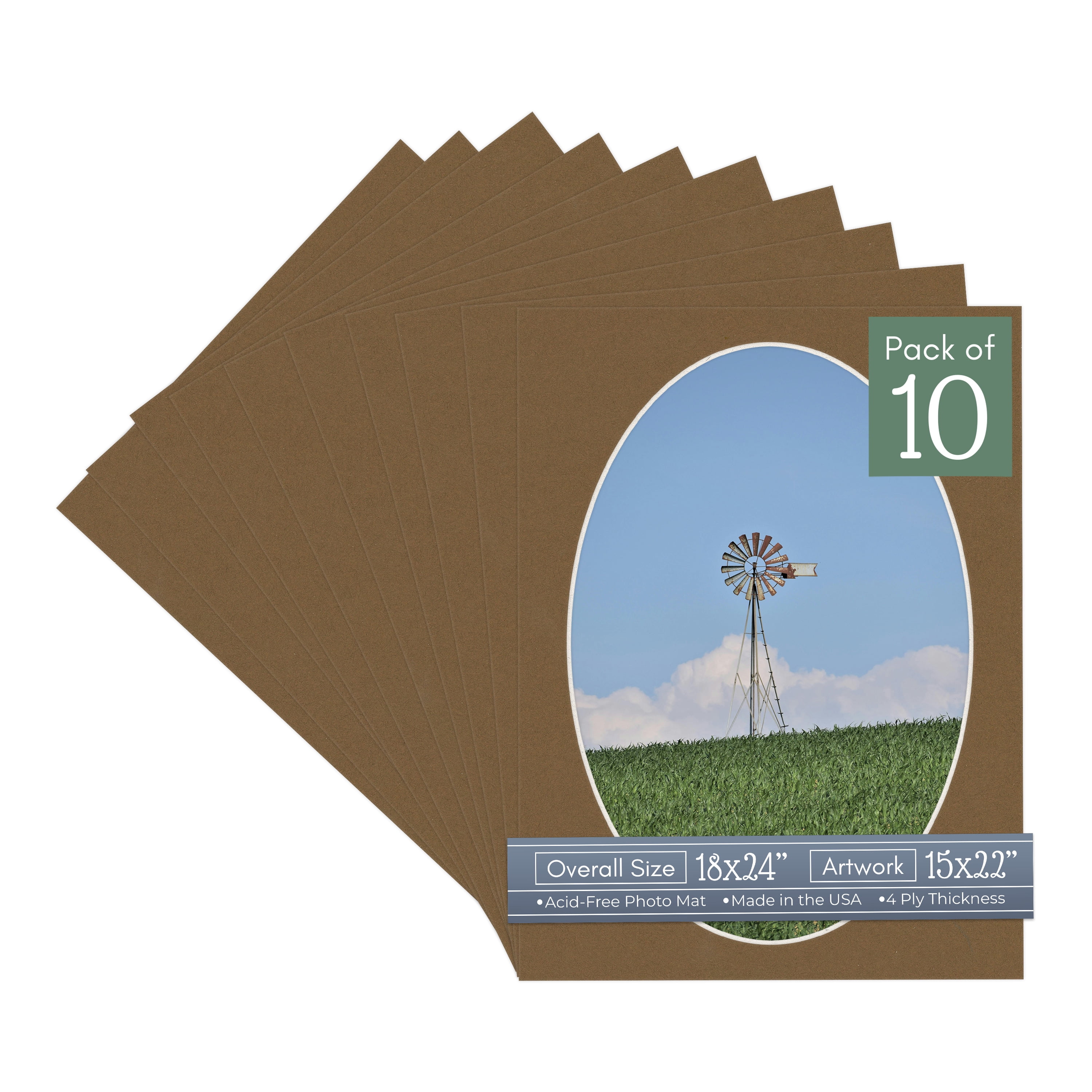 Aged Oak Brown Picture Frame Mat for 18x24 Frames - Oval Opening for 15x22 Photos - 10 Mats