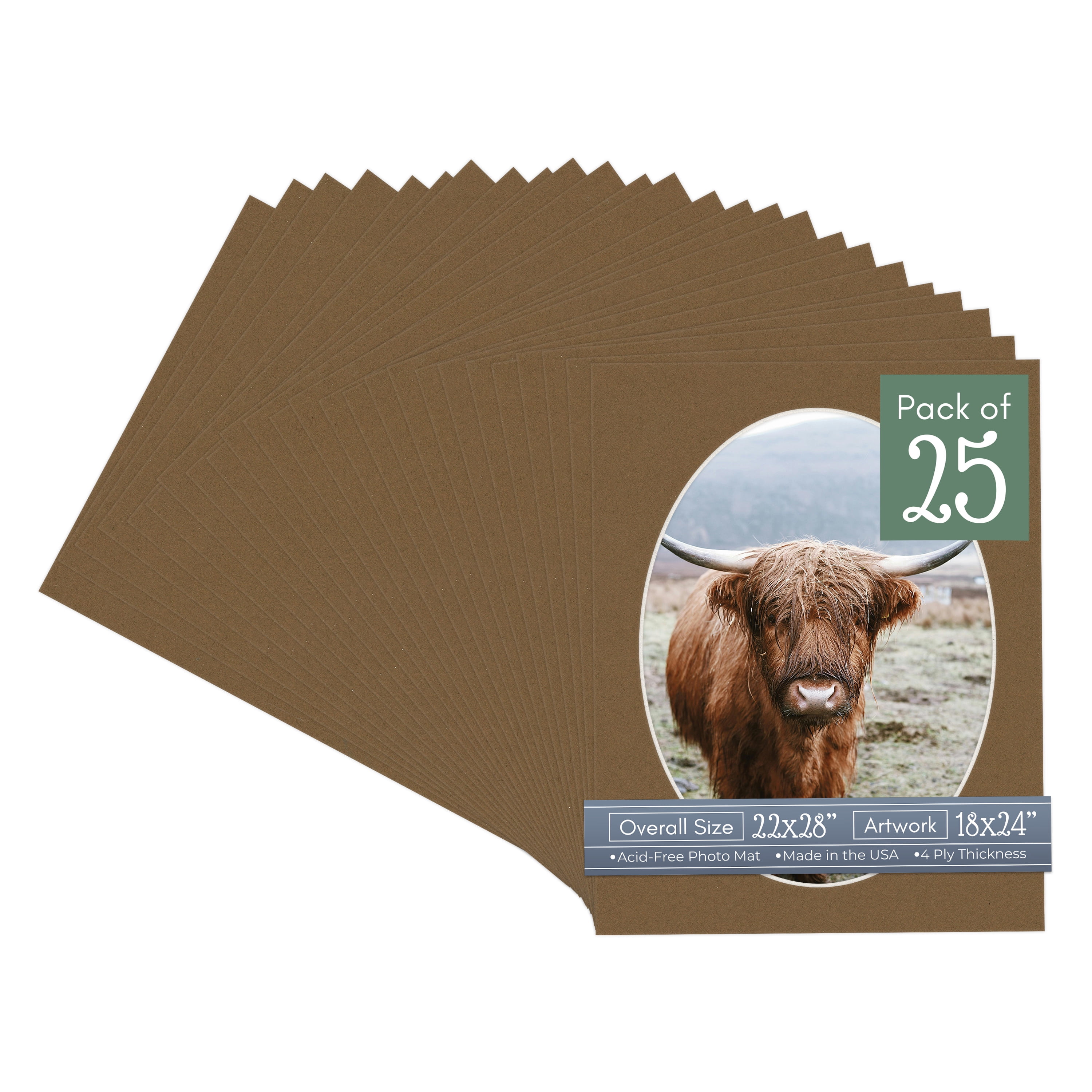 Aged Oak Brown Picture Frame Mat for 22x28 Frames - Oval Opening for 18x24 Photos - 25 Mats