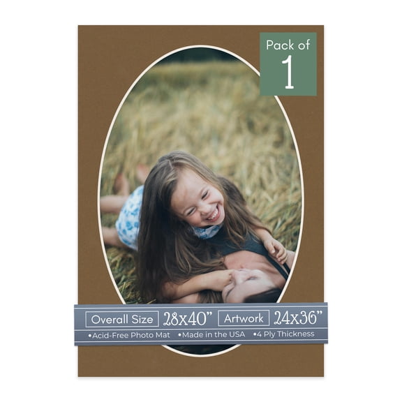 Aged Oak Brown Picture Frame Mat for 28x40 Frames - Oval Opening for 24x36 Photos - 1 Mat