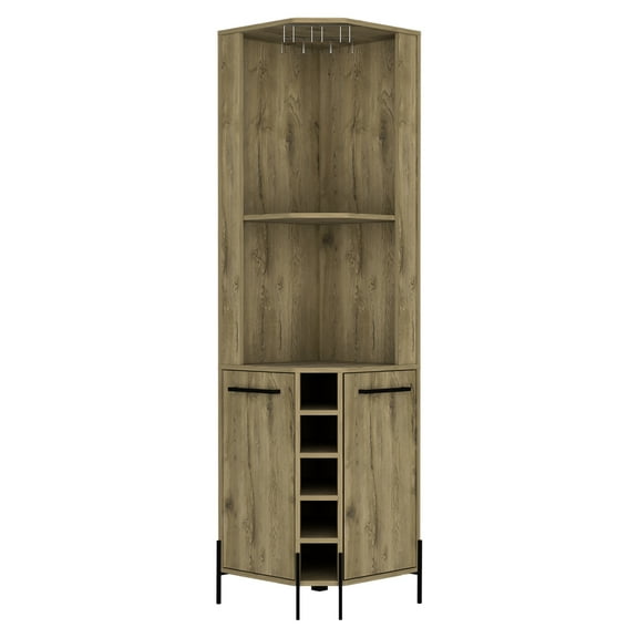 Aged Oak Living Room Bar Cabinet, 5 Wine 4", Cup Rack, 2 Separate Door Cabinets, Shelves, Beige, Particle Board Manufactured Style Corner Beige Design