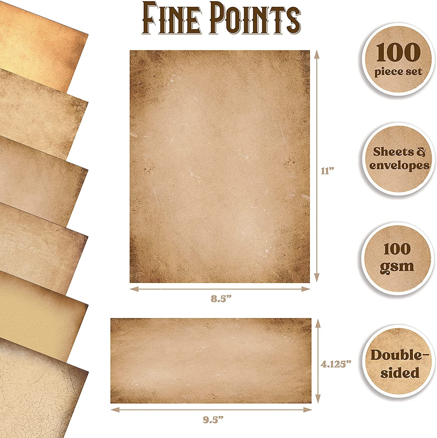 Aged Paper Stationery, 100 Piece Set (50 Sheets + 50 Matching Envelopes), Vintage Antique Old Fashion Parchment Paper, Letter Size 8.5 x 11", 6 Designs, Double Sided Paper,