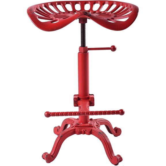 Aged Red Industrial Tractor Seat Bar Stool Swivel Adjustable Height Cast Iron Counter Chair
