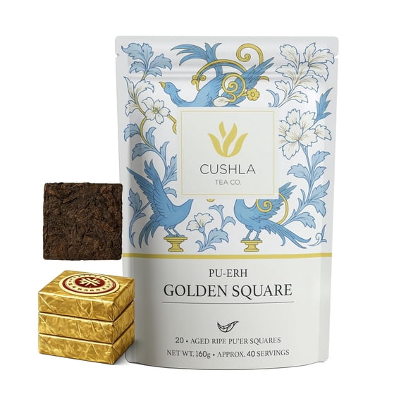 Aged Ripe Pu-Erh Tea Squares Premium Sheng Puer Golden Square Cakes | Naturally Aged Chinese Ripe (Shou) Puerh with Complex Flavor | 20 Compressed Tea Squares