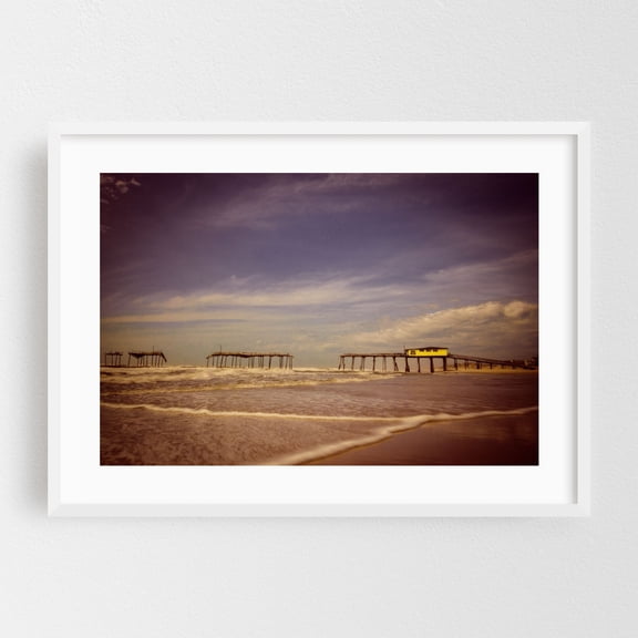 Aged View of the Frisco Pier Landscape Photograph - Frisco North Carolina Photography Beach Coast Seaside Boardwalk Ocean Vintage Waves White Framed Wall Art Print 5 x 7 inches
