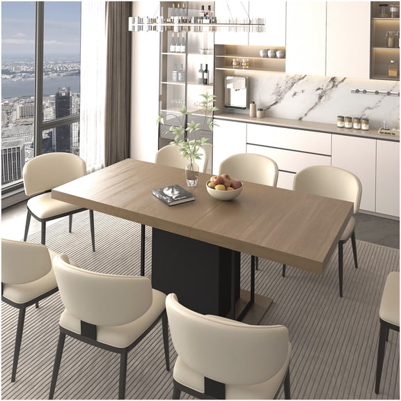 Aged Wood Effect Extending Table, Large 6-10 Seater Dining Table, Black Brown Rectangle Design