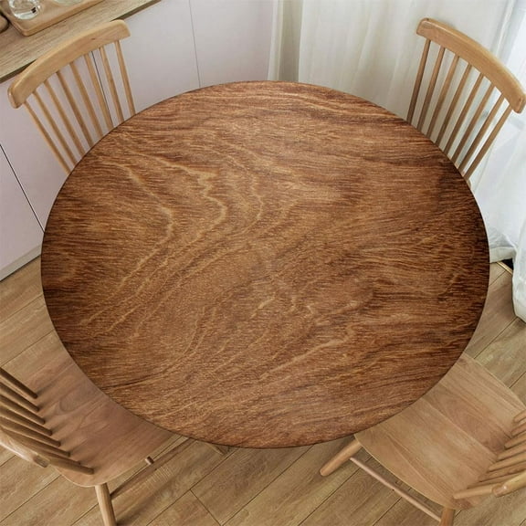 Aged Wooden Planks Texture Vertically Striped Fitted Round Table Covers Elastic Tablecloth Washable Waterproof or Outdoor Patio Party Dining Fit for Diameter 45-52 Table