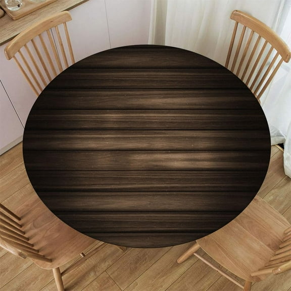 Aged Wooden Planks Texture Vertically Striped Fitted Round Table Covers Elastic Tablecloth Washable Waterproof or Outdoor Patio Party Dining Fit for Diameter 45-52 Table