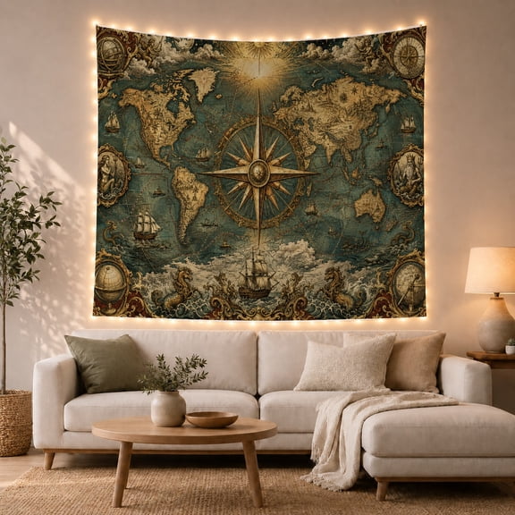 Aged World Map with Compass Rose and Sailing Ships, Nostalgic Vintage for Map Enthusiasts, Antique Nautical Art Decor, Birthday Gift, Tapestry Wall Hanging for Study Room and Living Room