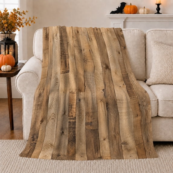 Aged gray brown wood plank print Flannel Blanket warm rustic cabin artwork Home Decor for couch bedroom den reading chair, Housewarming Gift for adults and hosts