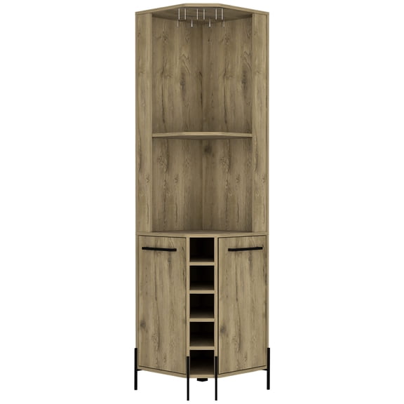Aged oak corner bar cabinet with five wine spaces and cup area / Good for living room relaxation