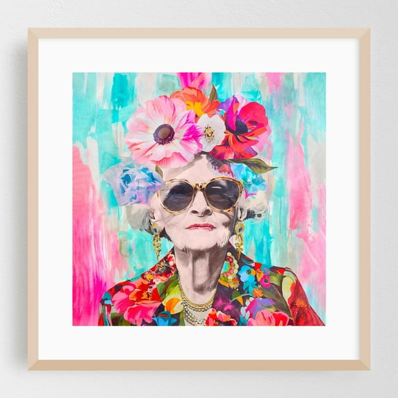 Ageless Glamour Unbound Lady Portrait - Painting Pop Art Floral Portrait Humor Fashion Watercolor Modern Art Oak Framed Wall Art Print 20 x 20 inches