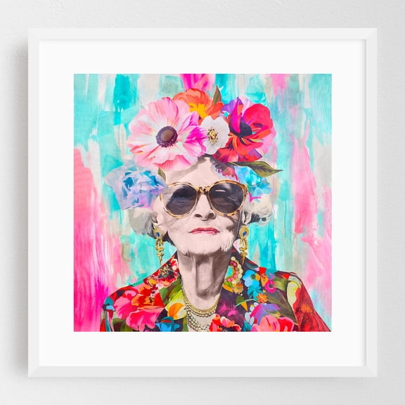 Ageless Glamour Unbound Lady Portrait - Painting Pop Art Floral Portrait Humor Fashion Watercolor Modern Art White Framed Wall Art Print 8 x 8 inches