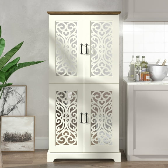 Galano Angelyca 4 Door Kitchen Pantry - Ivory with Knotty Oak