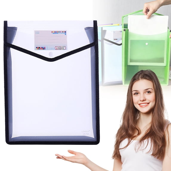 Ageoie Plastic Expanding File Folders Transparent File Pouch with Snap Closure & Label Pocket Vertical File Folder for Work Office Meeting Organization, 1 Pack, White