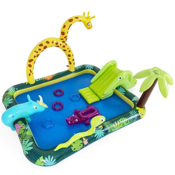 Ages 2-6 Inflatable Jungle Spray Pool with Slide & Giraffe Sprinkler, Kids Water Play Center for Backyard Garden