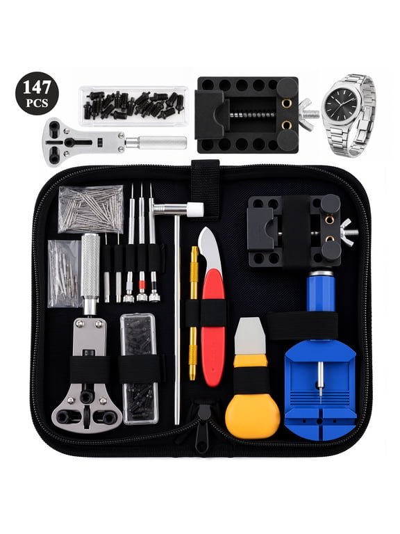 Watch Repair Kit, 147PCS Watch Link Removal Kit with Watch Band Adjustment Tool, Spring Bar Tool, Watch Case Opener for Battery Replacement and Strap Resizing