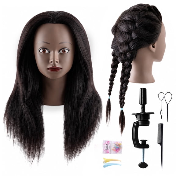 Agesis 21" Mannequin Head with Real Hair, Cosmetology Hair Mannequin Training Head for Hair Styling, Braiding and Hairdressing Practice, Manikin Doll Head with Table Clamp Holder and Tools (Black)