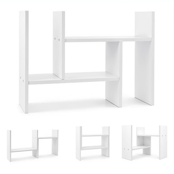 Agesis Desktop Shelf Organizer, Adjustable Wood 2-Tier Storage Rack with Bookshelf Design for Home Office, Study and Workspace, White