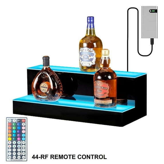 Ageszoe 2-Step Liquor Shelf with Adjustable LED Color Lighting,20"Wine Bottle Display Shelf for Livingroom