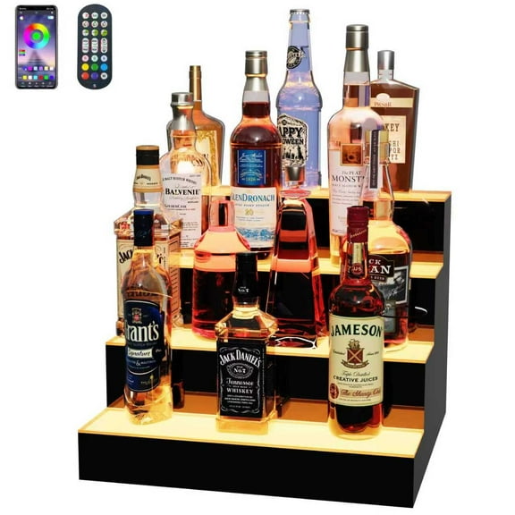 Ageszoe Bar Shelf with LED Color Lighting,4-Tier 16"Liquor Bottle Display Shelf for Livingroom