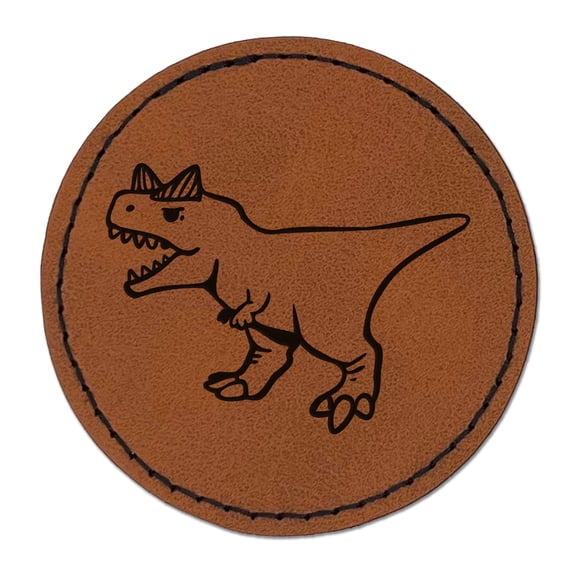 Aggressive Carnotaurus Horned Cretaceous Dinosaur 2.5" Faux Leather Round Engraved Iron-On Patch - Brown