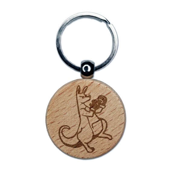 Aggressive Kangaroo Boxing Gloves Round Keychain Charm Tag - Engraved Wood