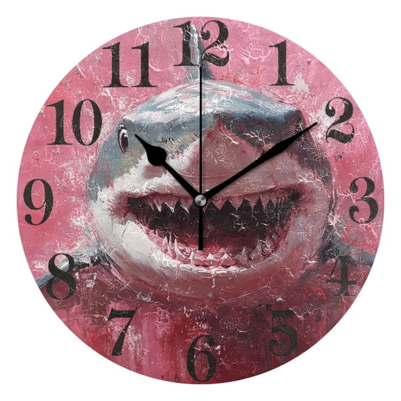Aggressive Shark Round Wall Clock Battery Operated Silent Non-Ticking Bedroom Office Kitchen Home School Decor 10"(Black)