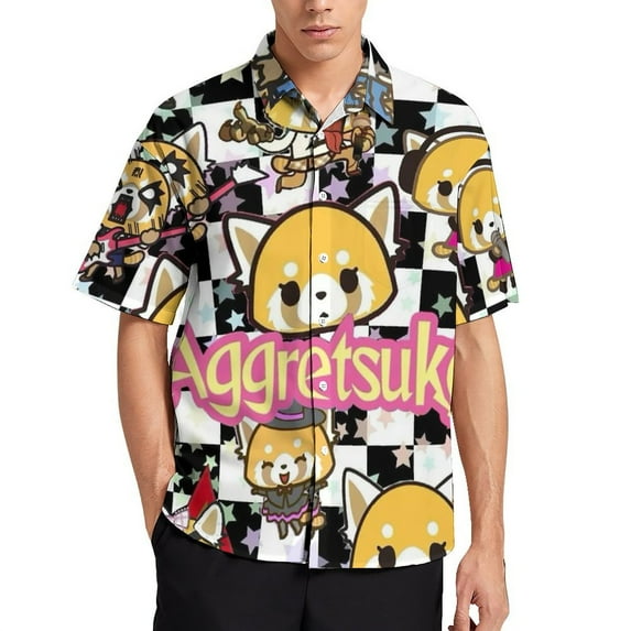 Aggretsuko Men's Hawaiian Shirts Short Sleeve Button Down Casual Shirts Summer Tropical Aloha Beach Shirts