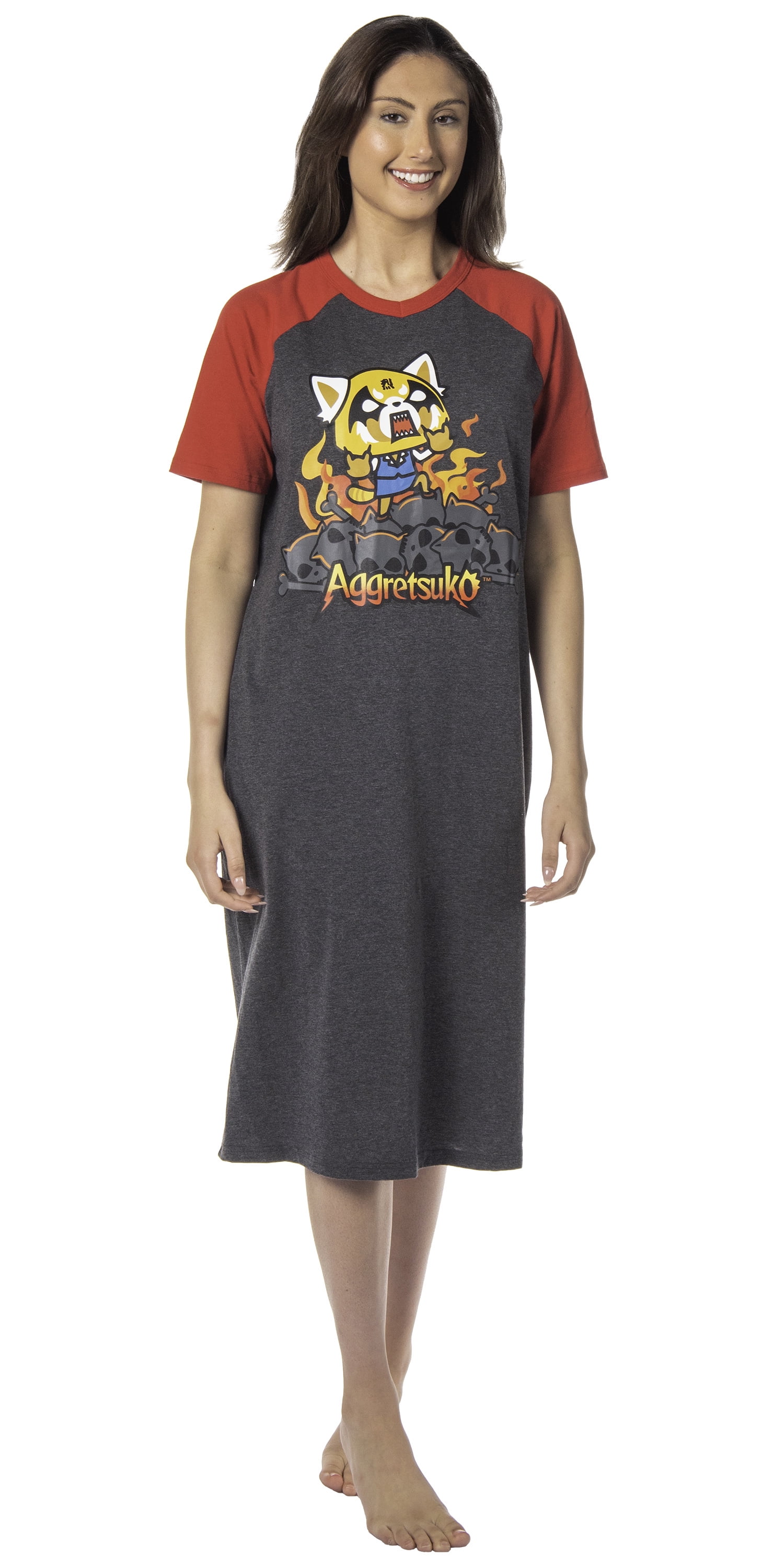 Aggretsuko Retsuko Womens' Raging on Skulls Pajama Sleep Shirt Raglan ...