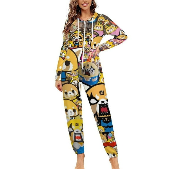 Aggretsuko Unisex Onesie Pajamas Zipper Jumpsuit Hooded One Piece Sleepwear for Family Mens Womens