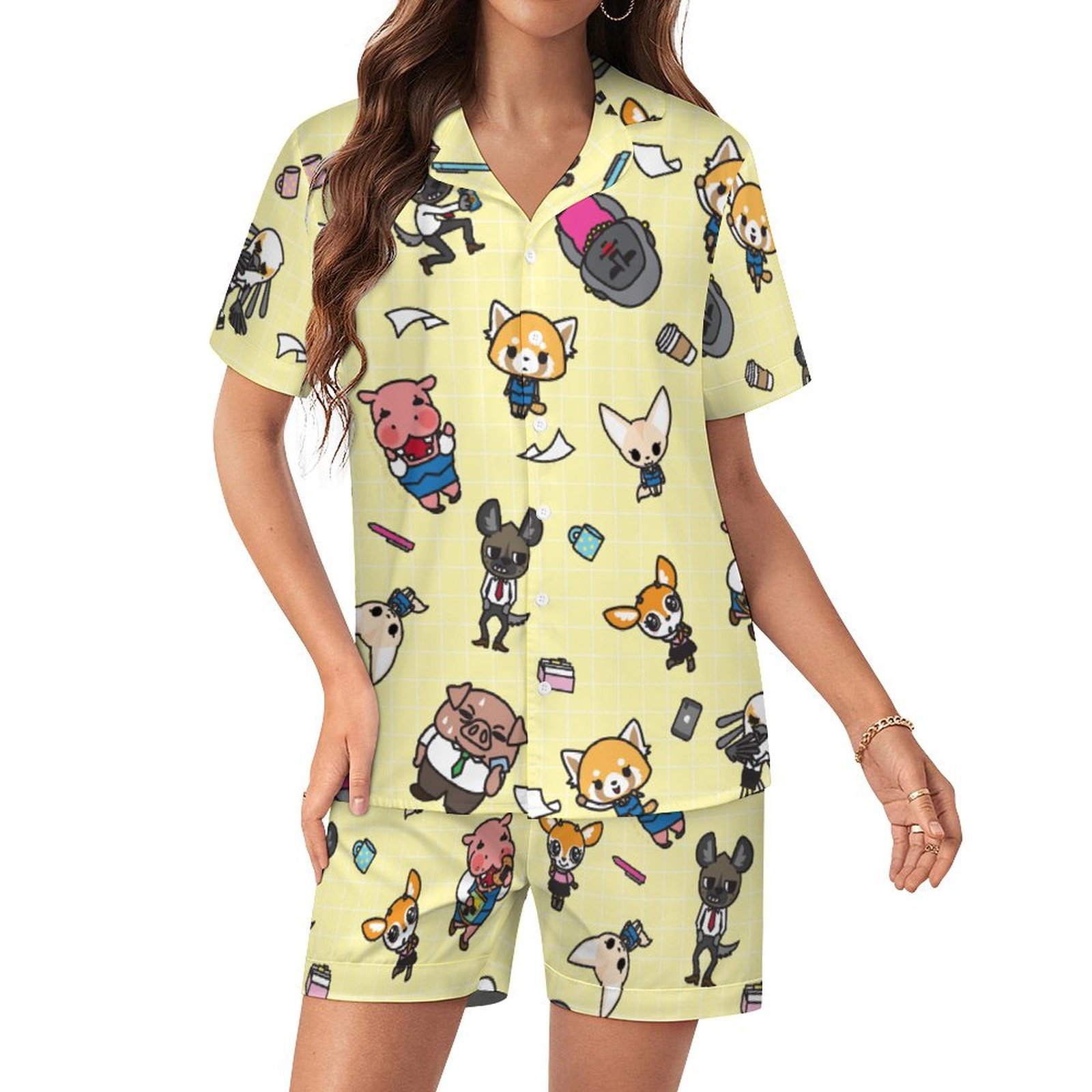 Aggretsuko Women Pajamas Set Short Sleeve Sleepwear Button Down ...