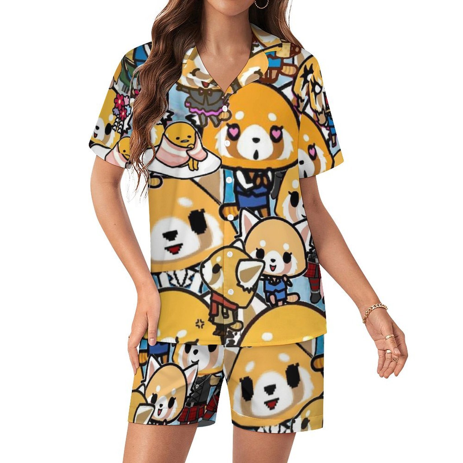 Aggretsuko Women Pajamas Set Short Sleeve Sleepwear Button Down ...