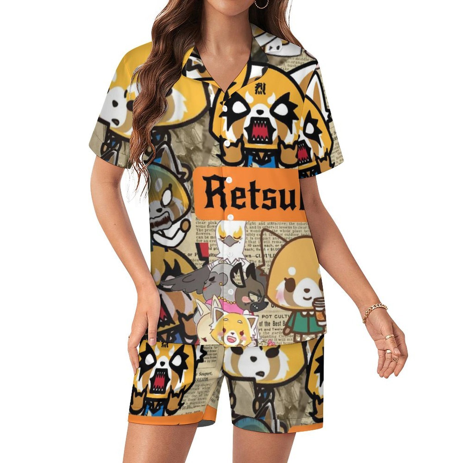 Aggretsuko Women Pajamas Set Short Sleeve Sleepwear Button Down ...