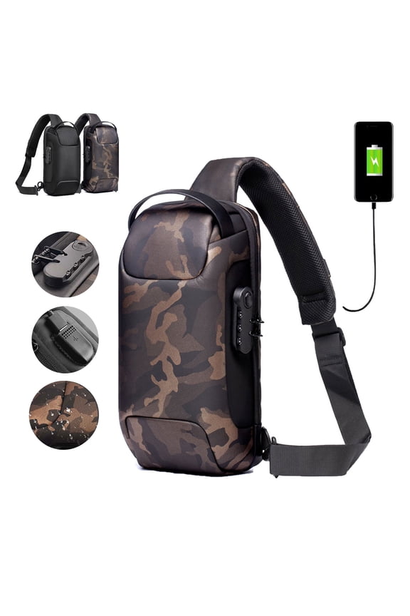 Anti Theft Backpack, Waterproof Sling Bag Chest Bag, Anti-Theft Crossbody Backpack with Lock and USB Charging, Camo