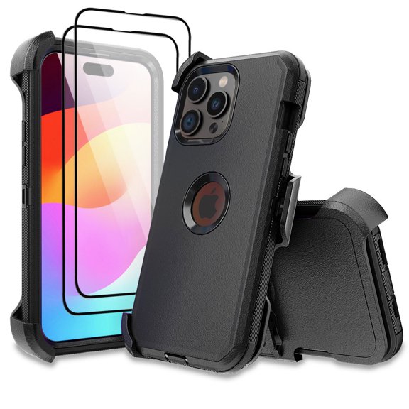 Aggxpf for iPhone 15 Pro Max Case with 2x Screen Protectors +Belt Clip Military Grade Drop Protection Shockproof Slim Phone Cover 6.7 Inch,Black