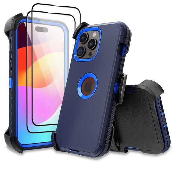 Aggxpf for iPhone 15 Pro Max Case with 2x Screen Protectors +Belt Clip Military Grade Drop Protection Shockproof Slim Phone Cover 6.7 Inch,Dark Blue