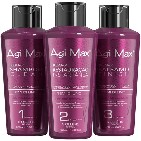 Agi Max Brazilian Natural Keratin Hair Treatment Kit for Straightening Curls and Frizz, Reducing Dry Damage, Nourish and Hydrate Root to Tip, Support Color Treated Styles - 1 liter - 3 Steps (3 x 500m