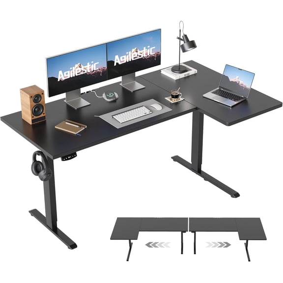 Agilestic 55 Inch Reversible L Shaped Standing Desk, Electric Height Adjustable Desk with Memory Preset, Sit Stand Up Computer Workstation for Home Office, Splice Board, Black